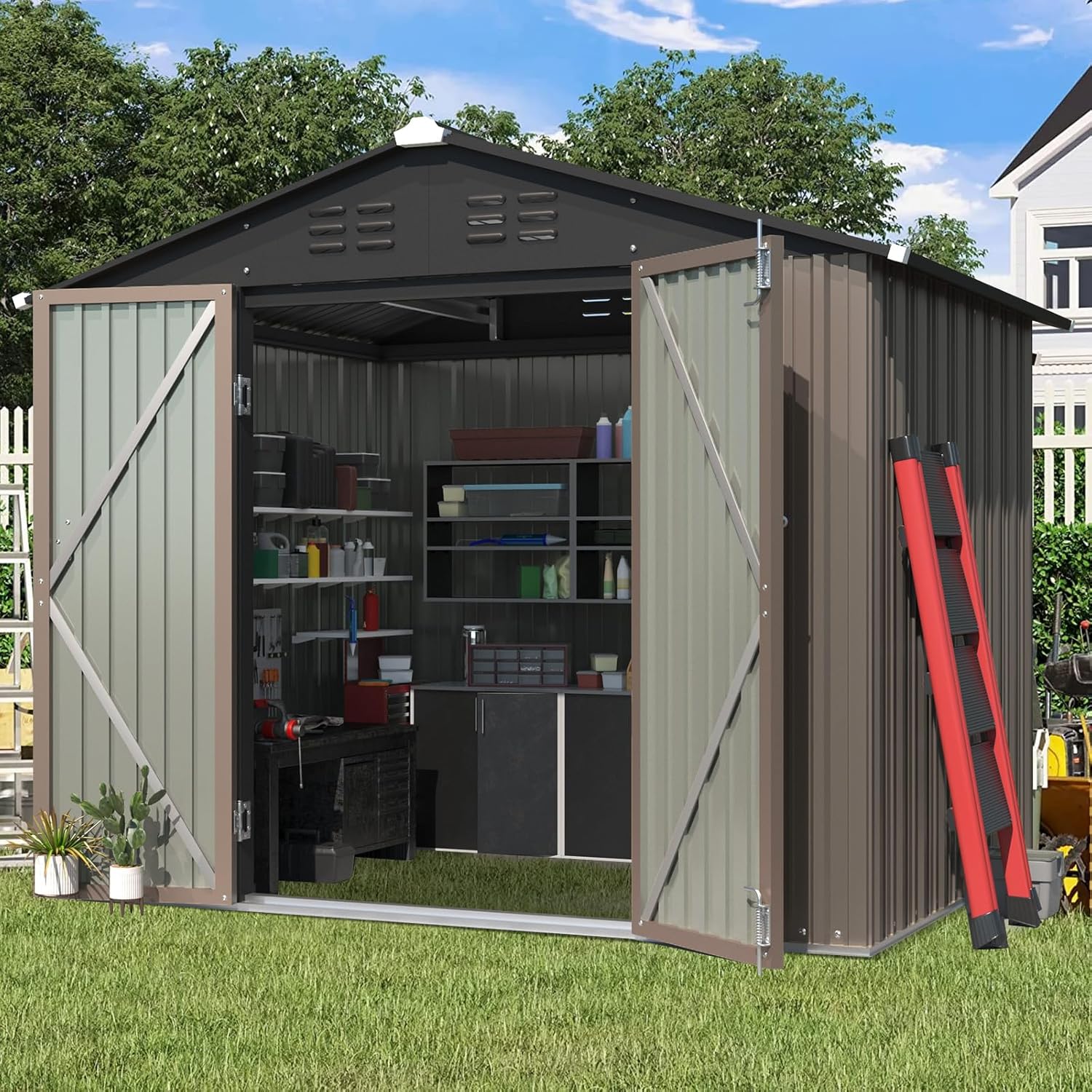 6x8FT Outdoor Storage Shed Buildable Sheds Waterproof Backyard Garden Patio Lawn, Compact Small Bike Shed for Garage, Patio, Lawn, Tool Storage, Pet Shelter, Swimming