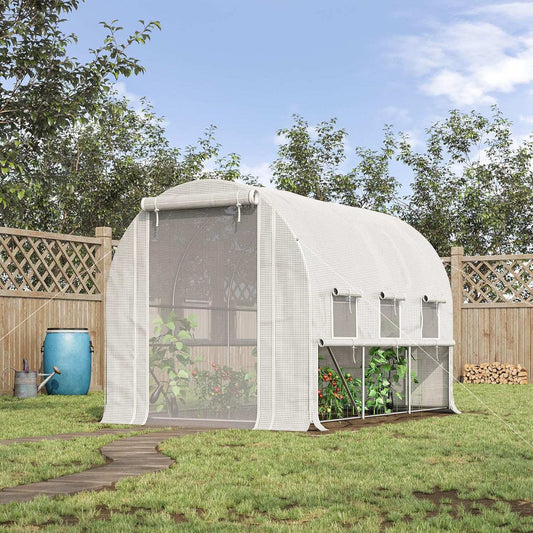 Outsunny 9.7' x 6.5' x 6.5' Walk-in Tunnel Greenhouse, Outdoor Green House with Anti-Tear PE Cover, Zipper Mesh Door and Mesh Windows, White